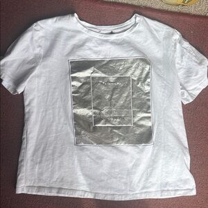 Zara White Short Sleeve Tee with Silver Foil Square